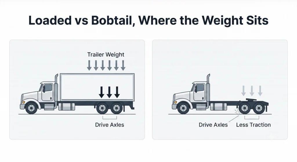 Diagram comparing weight over the drive axles on a loaded tractor-trailer versus a bobtail tractor