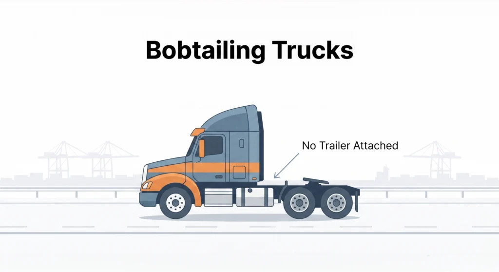 Bobtailing truck, a tractor with no trailer, driving a New Orleans port corridor
